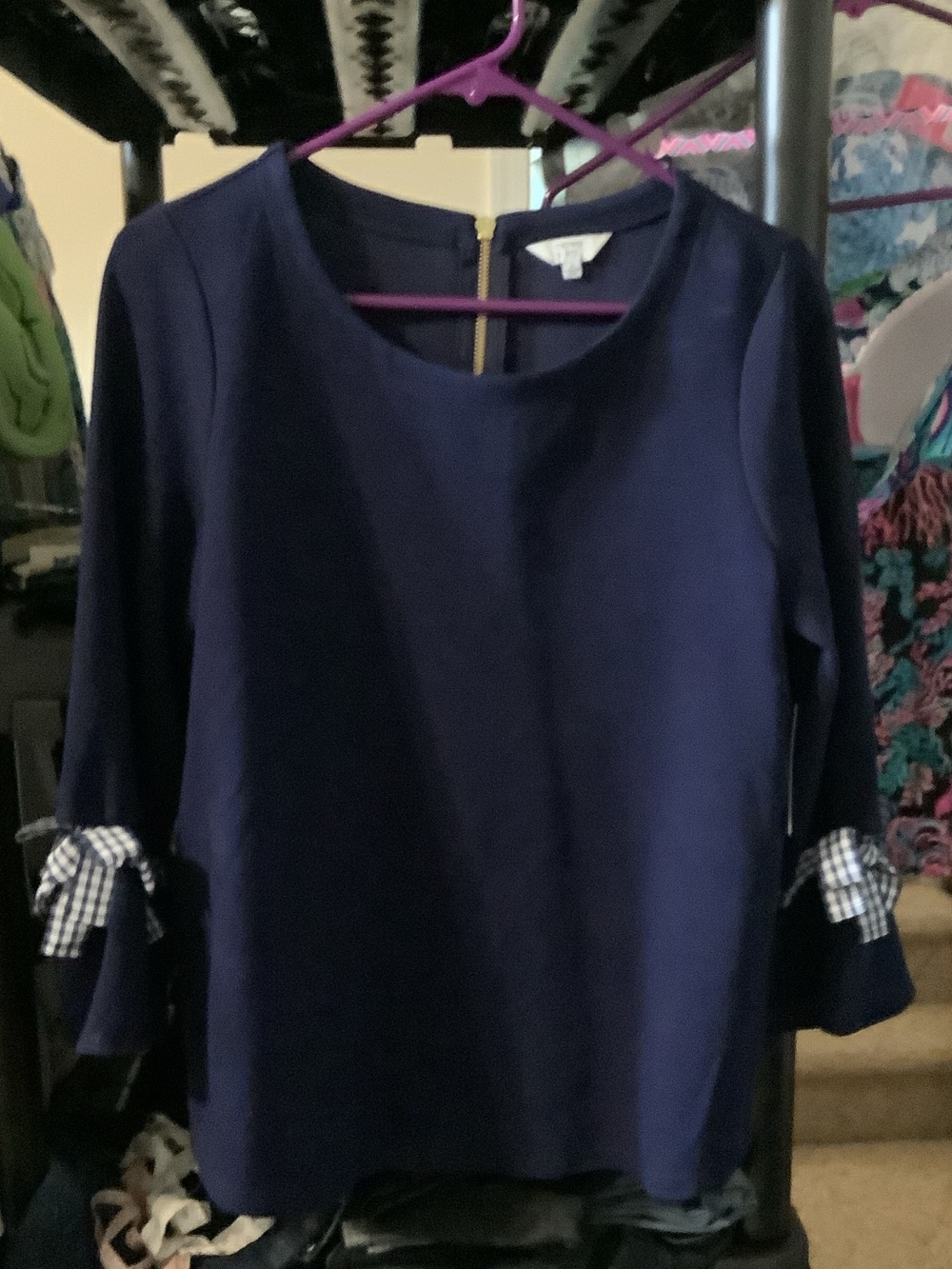 crown & ivy Navy Blouse with Gingham Tie Sleeves